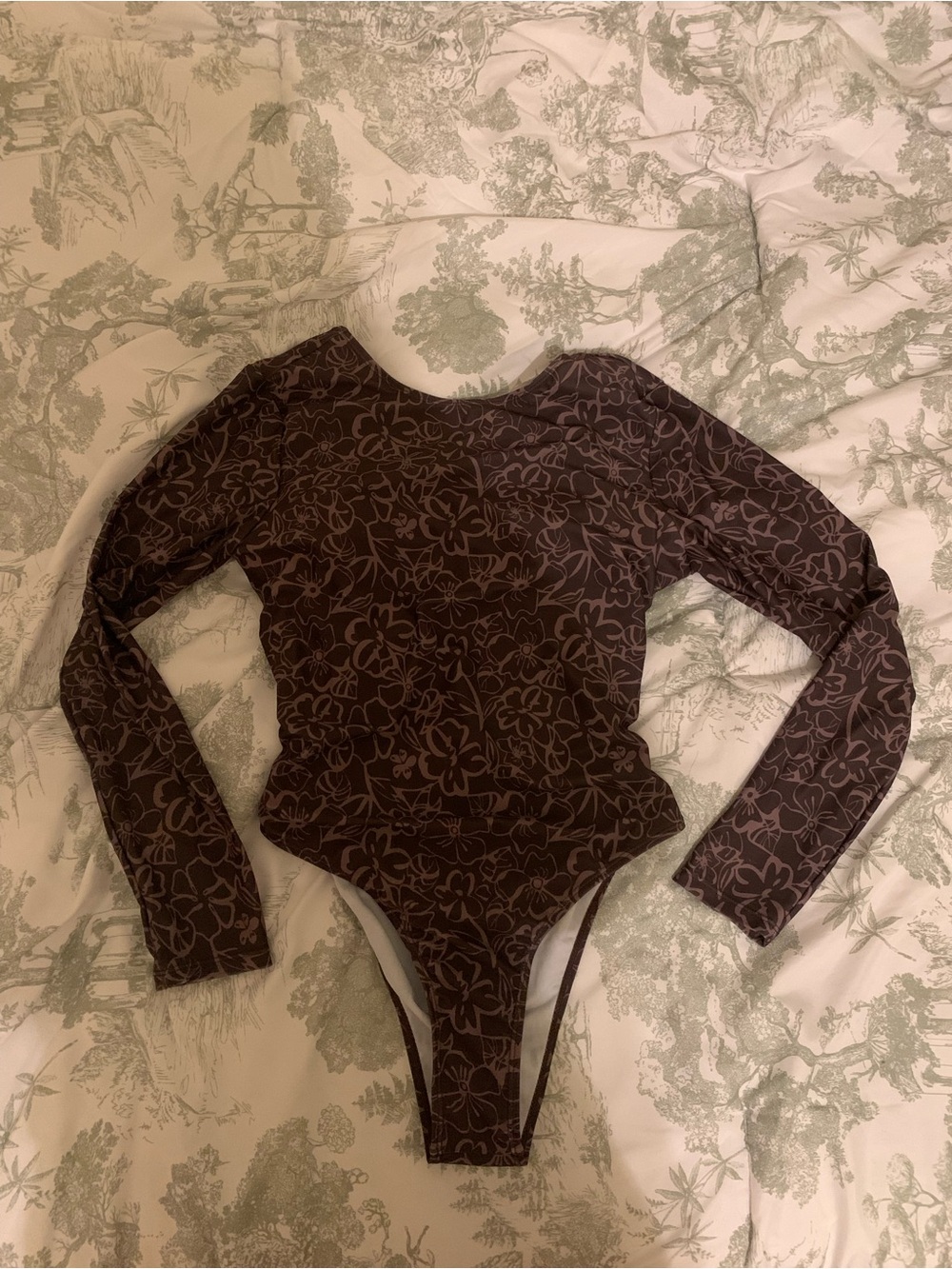 Long-Sleeve Floral One-Piece Bodysuit - Dark Brown
